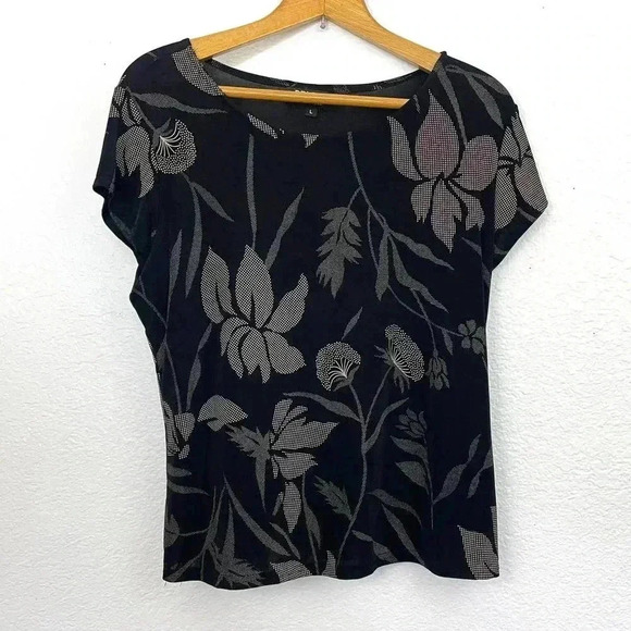 VTG Briggs Women's Black Beige Cling Top Short Sleeve Large Floral Y2K - Picture 8 of 8
